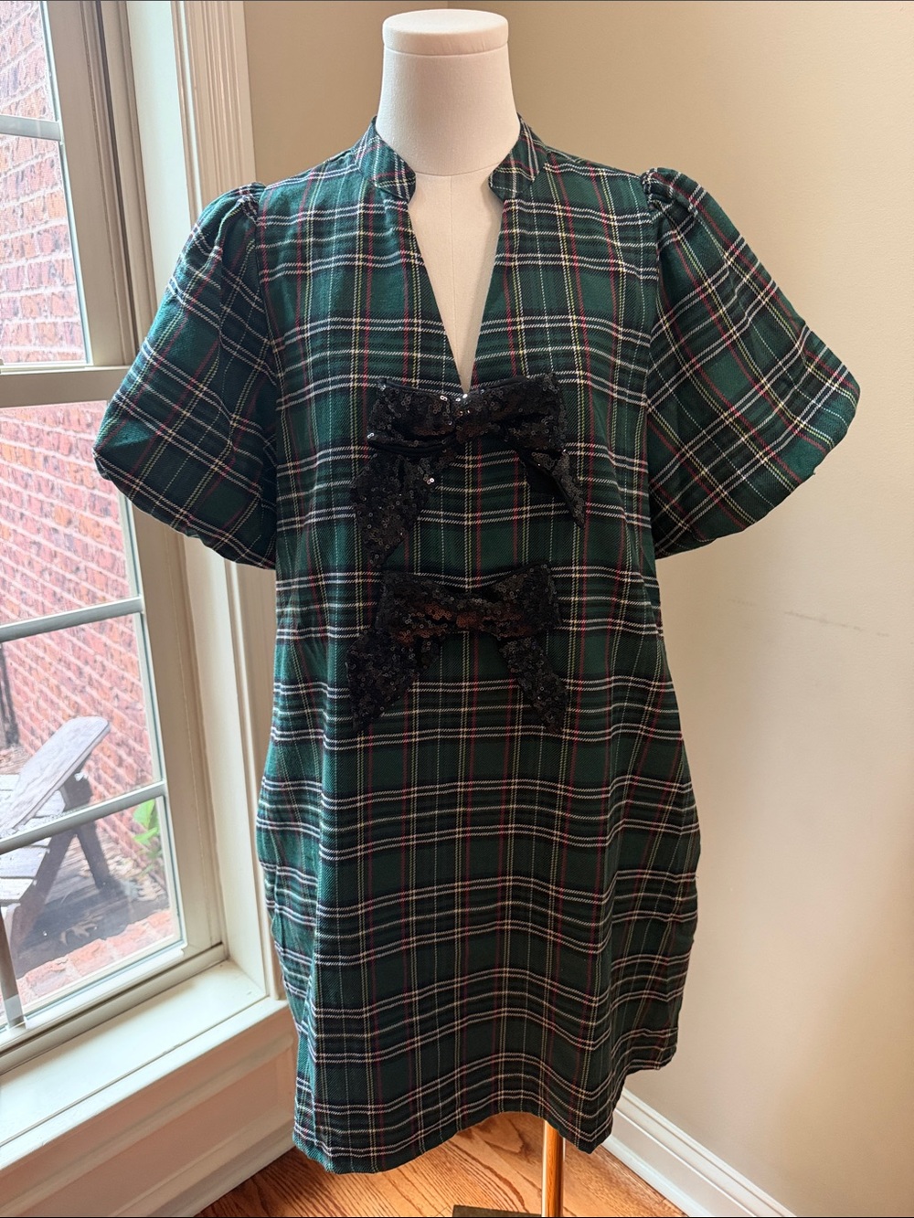 entro Green Plaid Mini Dress with Black Sequin Bows